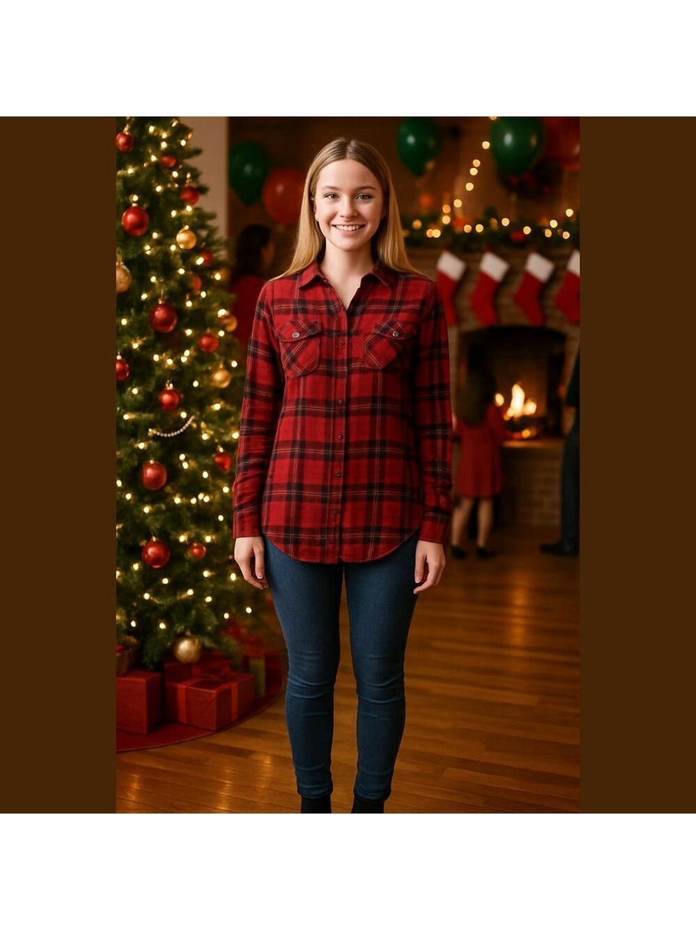 Vince red plaid lamb leather collar long sleeve top size 6